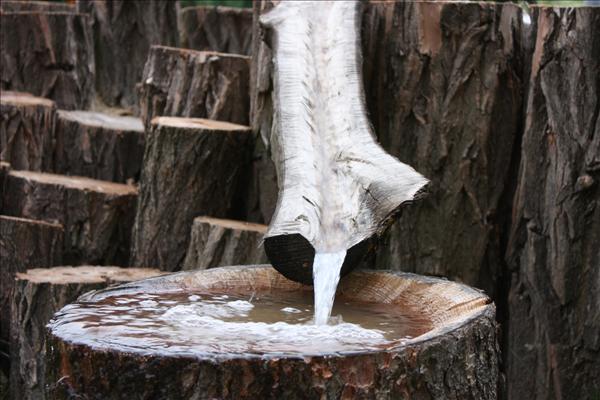 Die Wasserrinne endet im hohlen Stamm. -  Zum Schöpfen und Pritscheln.